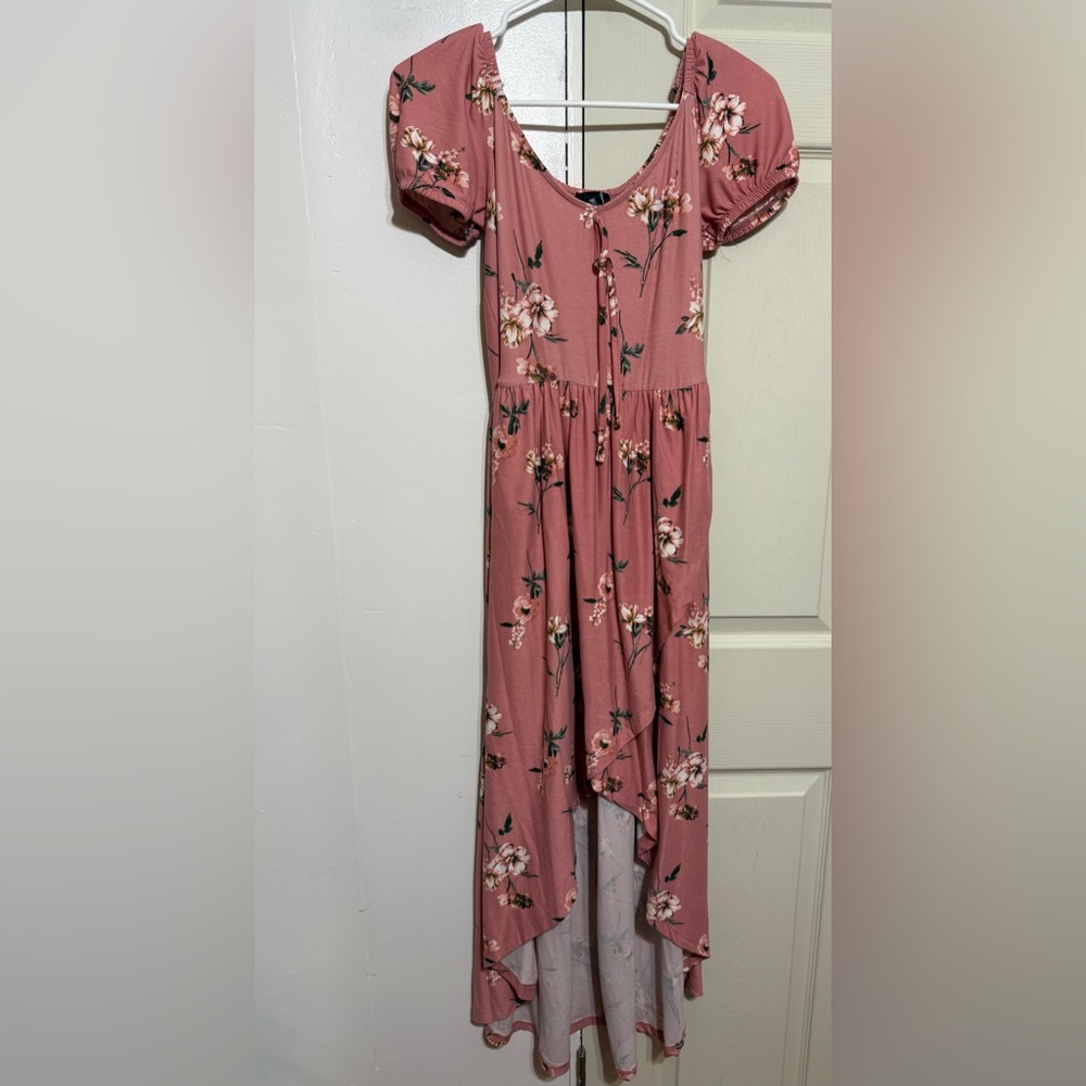 Floral Puff-Sleeve High-Low Maxi Dress in Dusty Rose